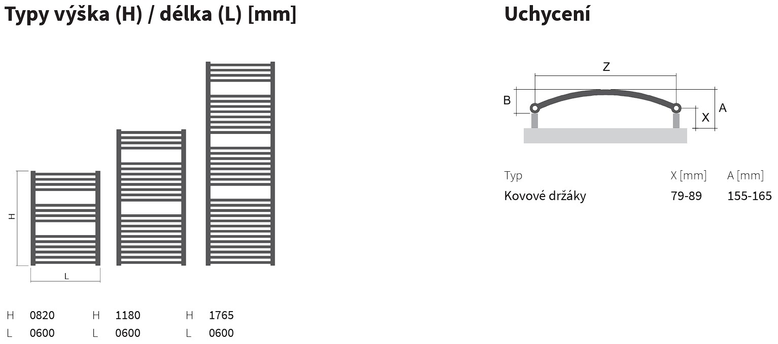 Koupelnový radiátor Silla Radius Inox ISAN Melody technický výkres